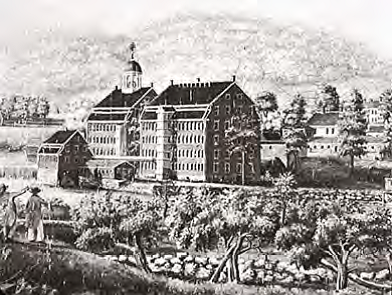An engraved image of a nineteenth century textile mill. This is the Boston Manufacturing Company in Waltham, Massachusetts.
