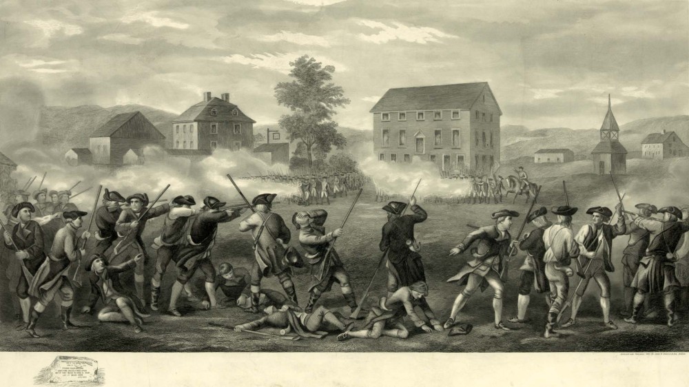 This image is a depiction of the Battle of Lexington. The image is in black and white. The image depicts two groups of men firing at each other with muskets.