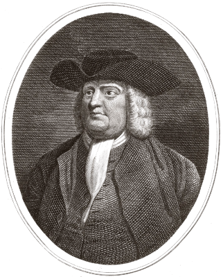 A portrait of William Penn in formal attire in black and white.