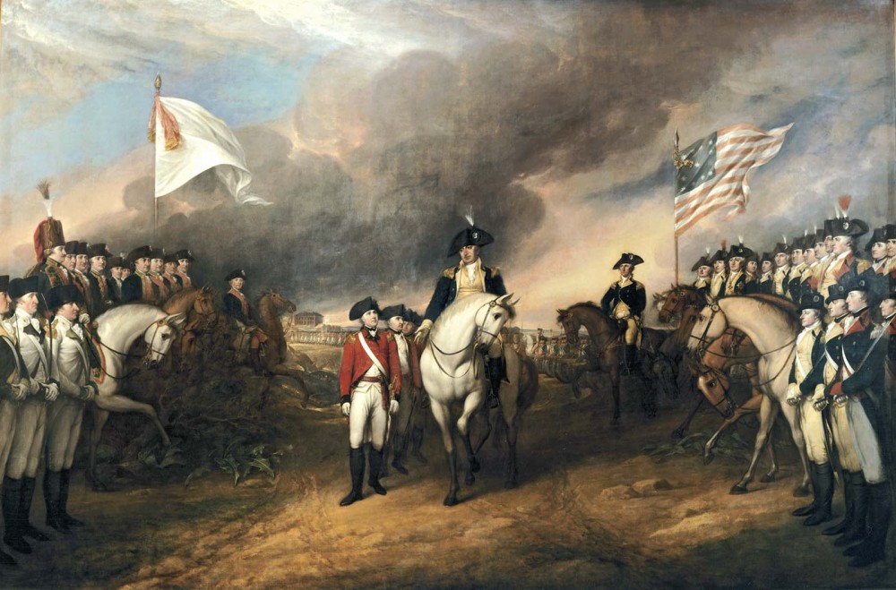 This image depicts General Cornwallis’ surrender to George Washington. The image is in color. It depicts American and British soldiers facing each other. General Cornwallis, who is on foot, surrenders to George Washington, who is on horseback.