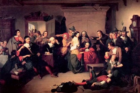 This is an oil painting depicting the examination of a woman accused of witchcraft. In the painting, a number of people examine a partially unclothed woman for signs of a “witches mark.” Two observers have fainted.
