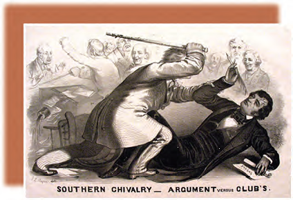 In Southern Chivalry: Argument versus Club’s (1856), by John Magee, South Carolinian Preston Brooks attacks Massachusetts senator Charles Sumner after his speech denouncing “border ruffians” pouring into Kansas from Missouri.