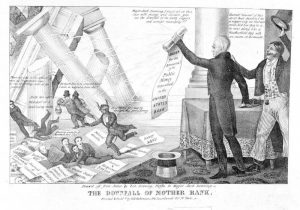This is a political cartoon focusing on the Banking Crisis created by Andrew Jackson. In this political cartoon, Jackson proclaims that federal money will no longer be deposited in the Bank of the United States. The Bank of the United States is depicted in ruins.