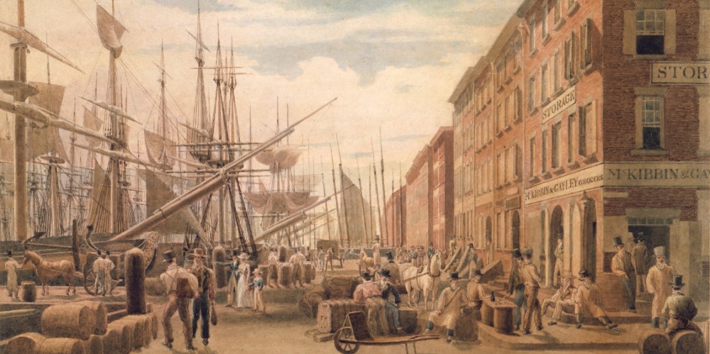 A painting depicting the busy port of New York City in 1827. The painting was made by William James Bennett and is entitled, “View of South Street from Maiden Lane, New York City.”
