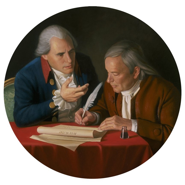 An image depicting two of the framers of the Constitution drafting the document in Philadelphia.