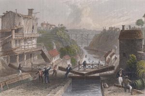 An engraved print depicting the Erie Canal. The image is in color.