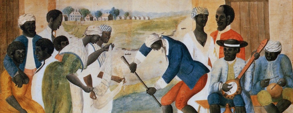 A painting depicting slaves playing music and dancing on a plantation. The painting is in vibrant color. One slave plays a stringed instrument similar to a banjo. Another slave plays drums.