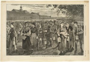 An image depicting American workers going to factories to work. A large group of people walk towards the factories.