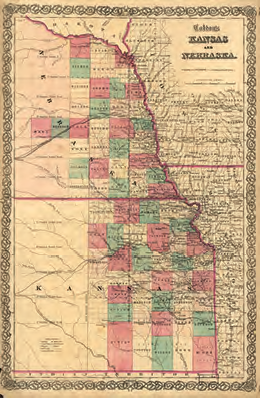 A historical map of the Kansas-Nebraska territory, which includes proposed routes of the transcontinental railroad.