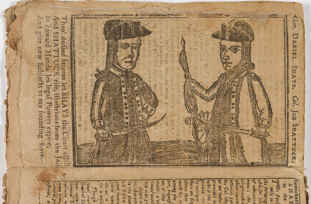 A black and white depiction of Daniel Shays and his accomplice Job Shattuck. A depiction of two men dressed in colonial garb holding swords.