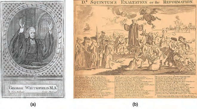 In the 1774 portrait of George Whitefield by engraver Elisha Gallaudet (a), Whitefield appears with a gentle expression on his face. Although his hands are raised in exultation or entreaty, he does not look particularly roused or rousing. In the 1763 British political cartoon to the right, “Dr. Squintum’s Exaltation or the Reformation” (b), Whitefield’s hands are raised in a similar position, butthere the similarities end.