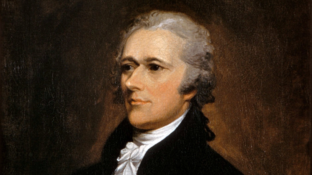 This image is a painted portrait of Alexander Hamilton. Alexander Hamilton appears in formal attire. This painting is a profile of Hamilton from the shoulders-up.
