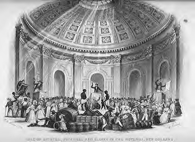 A drawing depicting slaves being auctioned in the Rotunda of the New Orleans State Capitol.