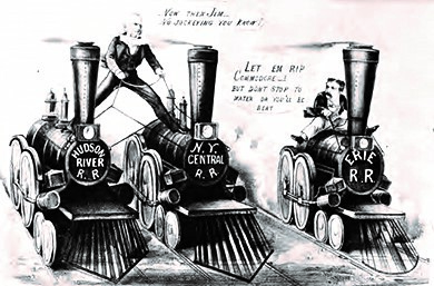 1870 lithograph depicting one of Vanderbilt's rare failed attempts at further consolidating his railroad empire.