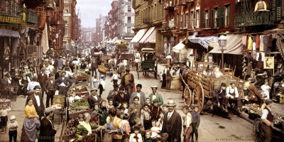 Mulberry Street, New York City, bustling, filled with carts and markets, 1900.