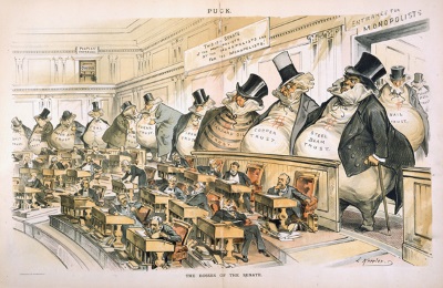 Political cartoon illustrating the artist’s belief that the Senate was controlled by ‘moneybags’ - wealthy interests and businesses.