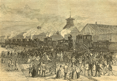 This engraving of the “Blockade of Engines at Martinsburg, West Virginia” appeared on the front cover of Harper’s Weekly on August 11, 1877, while the Great Railroad Strike was still underway.