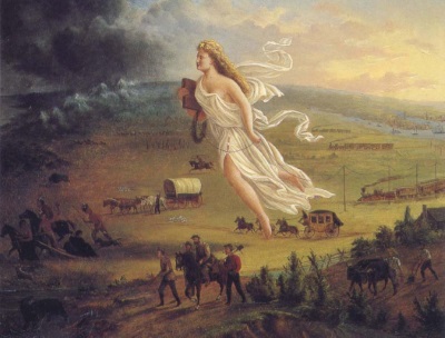Painting of Columbia, the female figure of in roman robes, floats over Americans headed west