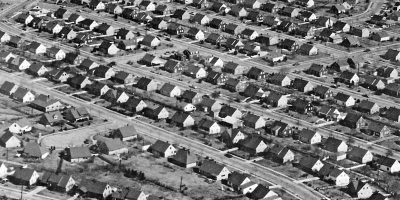Aerial view of the early suburban neighborhood of Levittown, PA
