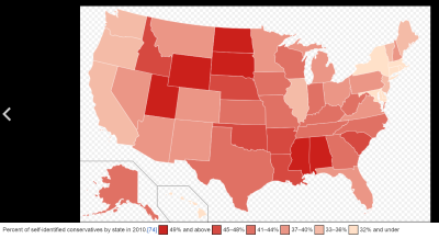 Percent of self-identified conservatives in the United States, broken down by state, according to Gallup, August 2010.