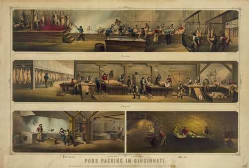 This print shows the four stages of pork packing in nineteenth-century Cincinnati.