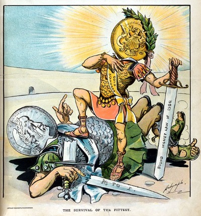 Cartoon showing two gladiators, one labeled Gold Standard and the other labeled Silver Standard, in a colosseum. The Gold Standard gladiator, with a sword labeled SOUND MONEY LAW OF 1900, stands victorious over the Silver Standard gladiator whose sword, labeled 16 to 1, lies broken at his side.
