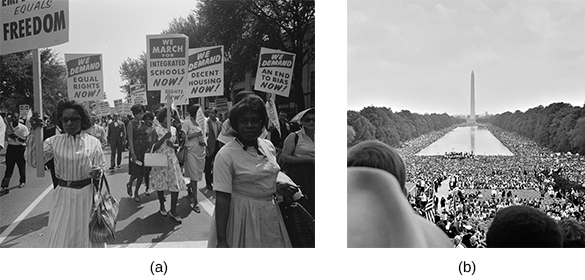 two black and white images image a is protesters walking with signs reading we demand an end to bias now, we march for integrated schools now and we demand decent housing now with image b of washington monument with park full of marchers