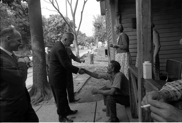 President Johnson shaking the hand of a man he met on his Poverty Tour, May 1964.