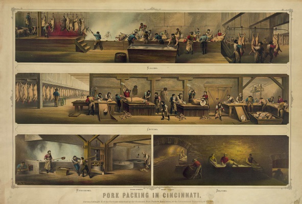 This print shows the four stages of pork packing in nineteenth-century Cincinnati.