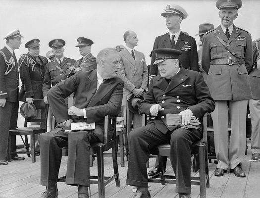 Image of FDR & Churchill on quarterdeck of HMS Prince of Wales for signing of Atlantic Charter