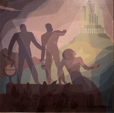An image of a painting by Aaron Douglas, titled Aspiration. The painting is of three people hopefully looking towards a city swathed in light.