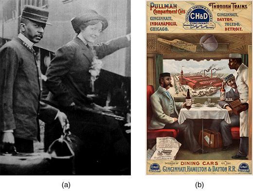 two pictures - one of an african american man carrying luggage for a white woman - the other is an ad for a train company with a picture of an african american man serving dinner to two white men