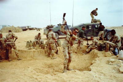 Soldiers at work filling sandbags during the Gulf War.