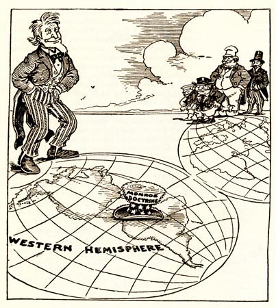 Political Cartoon depicting Monroe Doctrine and setting US as protector of Western Hemisphere from Europe.