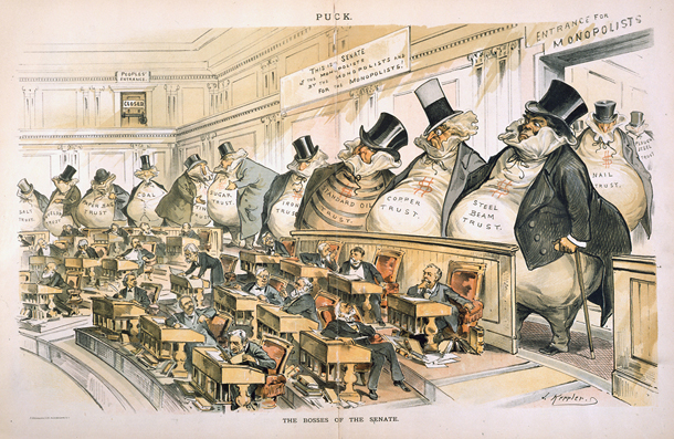 Cartoon featuring bloated industrialists and monopolies, titled ‘The Bosses of the Senate’, 1889.