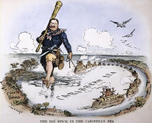 A cartoon of Theodore Roosevelt carrying a Big Stick walking through the Caribbean sea