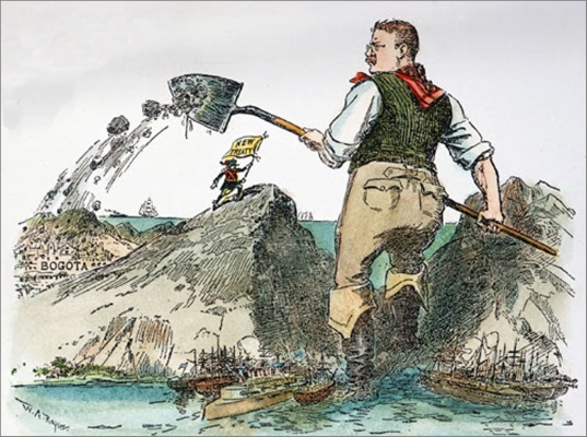A cartoon of Theodore Roosevelt building the Panama Canal and shoveling dirt on Colombia.