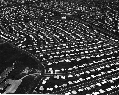 Overhead shot of Levittown, Pennsylvania, a model American suburb in the 1950s.
