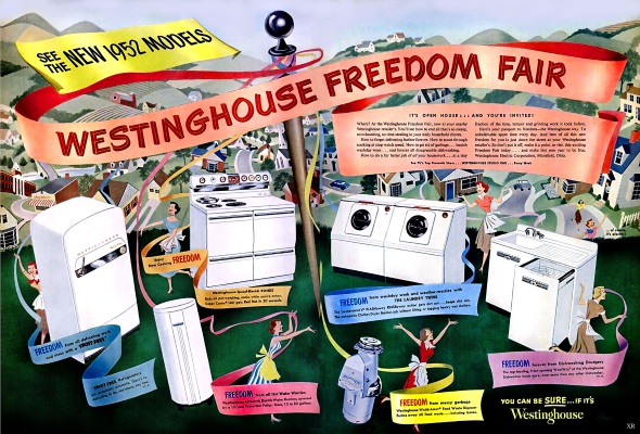 Advertisement with Freedom Fair signs attached to appliances and text linking the buying of these appliances with American freedom.