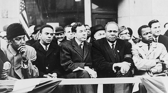 black and white image of bayard rustin, andrew young, rep william fitts ryan, james farmer, and john lewis